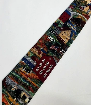 Windsor Mens Necktie Silk Tie Americana Series Country Farm Scene Wintery Vtg - Image 1 of 4