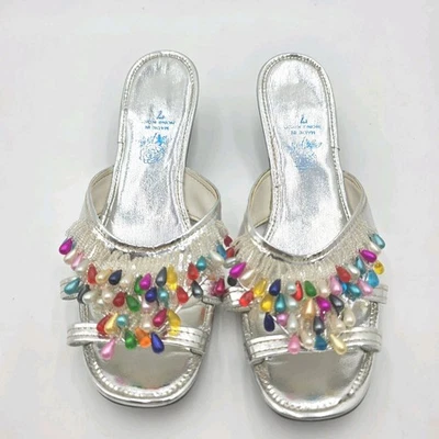 Vintage Silver Metallic Beaded Slip On Women’s Shoes Size 7 Hong Kong MCM 1960s - Image 1 of 4