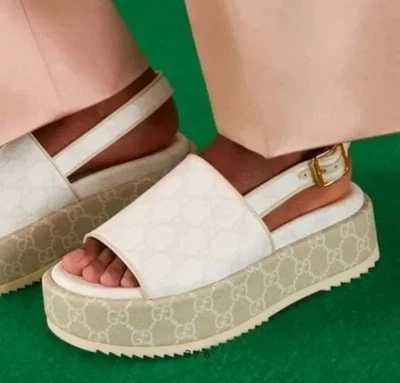 GUCCI Angelina GG Sandalias de plataforma de lona con cordones EU 41.5 US 11.5 Foto 1 de 4