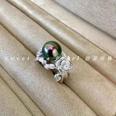 encantador anillo de perlas verdes negras redondas tahitianas 925s 9-10mm Foto 1 de 4