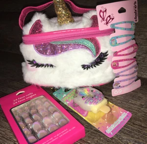 Claire’s Plush Unicorn Cosm Bag Lip Gloss Keychain Faux Stick On Nails Hair Lot - Picture 1 of 11