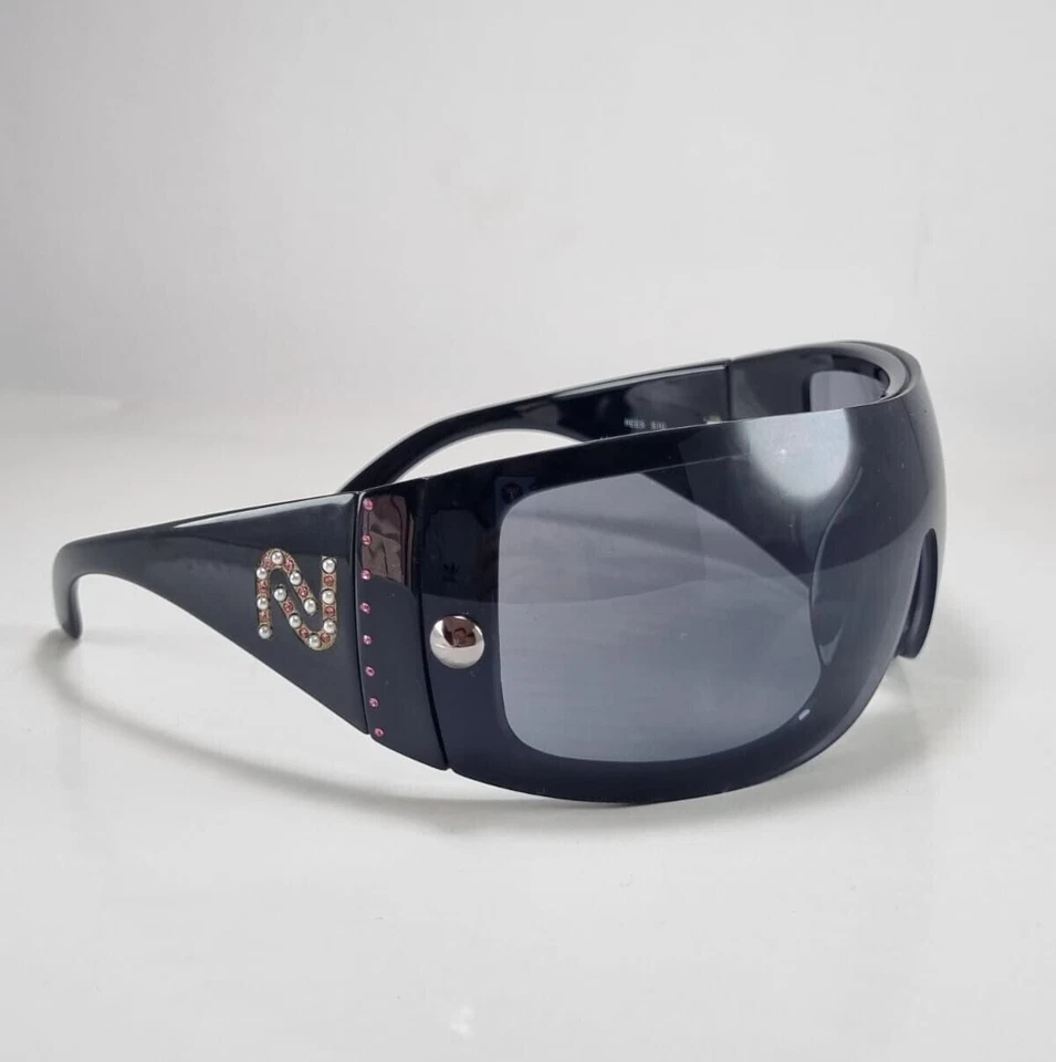 NOS Nouvelle Vague Sunglasses Black Mask Authentic Wrap Rhinestone Pearl VTG 90s - Image 1 of 4