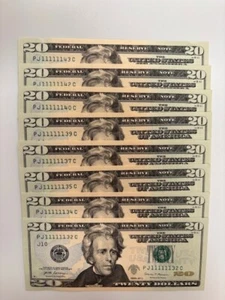 $20 Twenty Dollar Bill 6 of A Kind or 6 in the road *** PJ111111XXC*** - Picture 1 of 4