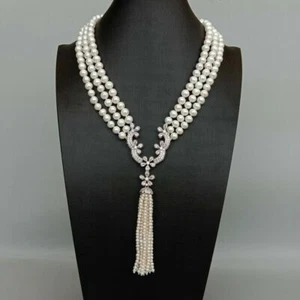 19" 3 Strands Freshwater Cultured Pearl Necklace Cubic Zirconia Pave Pendant - Picture 1 of 6
