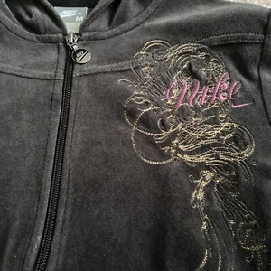 Vintage NIKE Black Velour Jacket Women Medium Embroidered Full Zip RARE Gray Tag - Picture 1 of 15