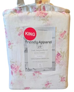Shabby Chic Farmhouse, Rachel Ashwell Pink Floral, Flannel KING Sheet Set - Picture 1 of 6