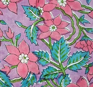 Purple Pink Floral Block Print Indian By the Yard Fabric for Sewing Dressmaking - Picture 1 of 8