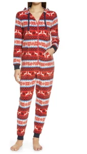 Reindeer Christmas Fleece Pajamas Jumpsuit Hoodie Red Xmas PJ's Women's Small - Picture 1 of 3