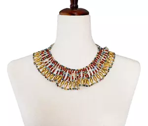 VTG Egyptian Revival Bead Gold Choker Bib Necklace 18" Cleopatra Art Deco Boho - Picture 1 of 10