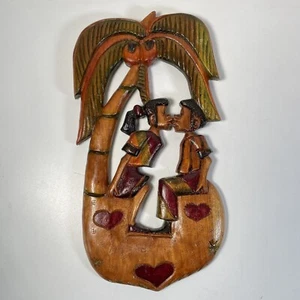 Rustic Wood Carved Tiki Bar Lovers Palm Tree Home Decor Plaque Sign 16”x9” - Picture 1 of 7