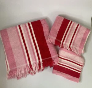 VTG Cannon Red Pink White Candy Stripe Bath Towel set 3 pc Retro Fringe USA - Picture 1 of 12