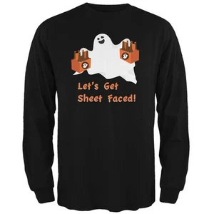 Halloween Ghost Sheet Faced Black Adult Long Sleeve T-Shirt - Picture 1 of 1