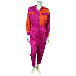 1990 Ideas Color Block Windbreaker Jumpsuit Pink Orange Athletic One-Piece Small - Picture 1 of 13