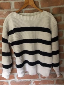 Navy and Cream Striped Chunky Knitted Jumper. Size 12 - Picture 1 of 4