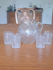 William Heacock Fish & Seaweed Old Pattern Glass Lemonade Set Pitcher 4 Tumblers - Picture 1 of 16
