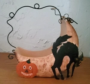 Bethany Lowe Halloween Half Moon Black Cat Pumpkin Decor Wire Handle - Picture 1 of 7