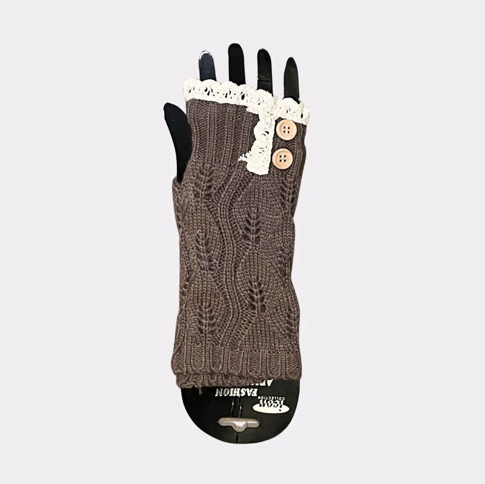 Fingerless Arm-warmer Gloves in Brown and Cream Knit / Lace - Image 1 of 4