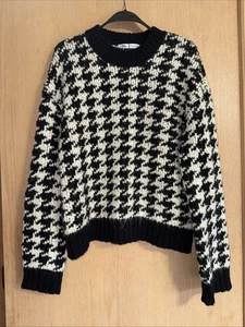 ZARA Black & White Chunky Houndstooth Cotton Blend Sweater Women’s Sz Large NWOT - Picture 1 of 9