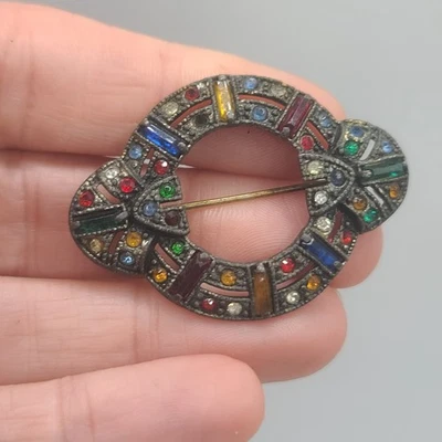 Vintage Art Deco Pot Metal Brooch Rhinestones Rainbow READ - Image 1 of 4