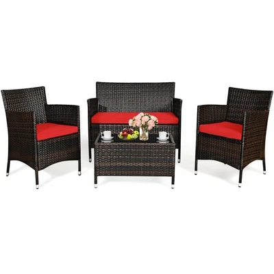 4PCS Rattan Patio Furniture Set Cushioned Sofa Chair Coffee Table Red - Image 1 of 4