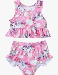 Toddler Girl Flower Shimmer Tiered Ruffle Top 2 Pc Swimsuit Bikini NEW - Picture 1 of 6