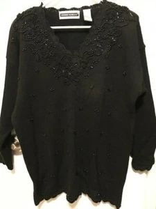 WOMEN'S DEBBIE MORGAN BLACK RAMIE COTTON BEADED SWEATER SIZE LARGE - NWOT - Picture 1 of 4