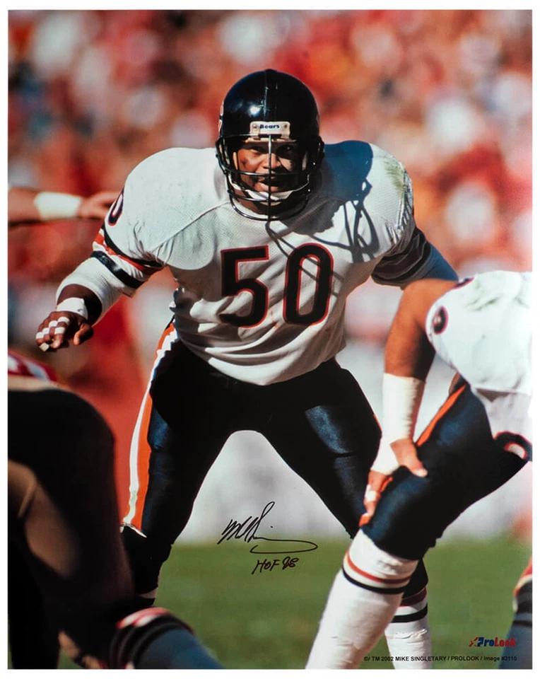Camiseta deportiva blanca firmada por Mike Singletary de los Bears foto de acción 16x20 con HOF'98 - (CERTIFICADO DE AUTENTICIDAD SS) Foto 1 de 1
