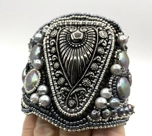 Bead Embroidered Bracelet Vintage Czech Button Coin Pearls Black Silver 7” Long - Picture 1 of 9