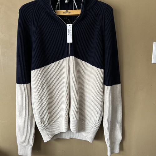 OFF WHITE Giacca maglione uomo J Crew full zip taglia large scollo a imbuto bianco sporco e navy nuova con etichetta