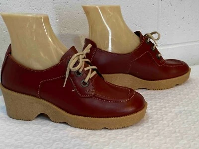 NOS 6 M Brown Vtg 60s 70s Shoe BOHO WAVY Sole Platform Wedge Heel Oxford - Image 1 of 4
