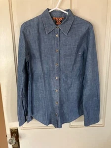 Tory Burch Blue Cotton Denim Button Up Shirt Long Sleeve Pocket size 6 - Picture 1 of 6