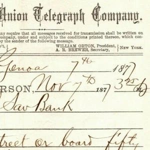 Seltener Vintage 1877 Western Union Telegraph "Verkaufe Straße oder Tafel fünfzig von ihm." - Bild 1 von 3
