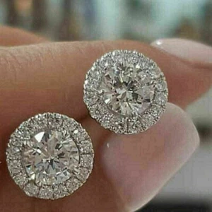 2.20 Ct Round Cut VVS1/D Diamond Push Back Stud Earrings 14k White Gold  Finish - Picture 1 of 3