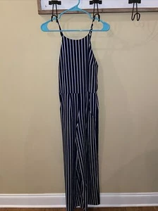WOMEN BLUE & WHITE STRIPED SPAGHETTI STRAPPED JUMPSUIT WITH POCKETS SIZE L - Picture 1 of 5