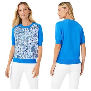 Ann Taylor Cobalt Blue Tile Mixed Media Sweater Size Large Moroccan Floral - Picture 1 of 7