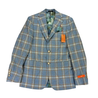 Tallia Mens Slim Fit Wool Blend Plaid Sport Coat Blue Gold 36R - Image 1 of 4