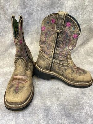 John Deere  Youth Brown Leather Floral Stitched Square Toe Western Boots 10.5M - Image 1 of 4