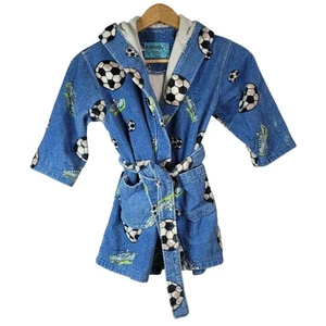 Bullfrogs & Butterflys Kids Robe Blue Small Soccer Belt Pockets Hood Terry Cloth - Picture 1 of 6