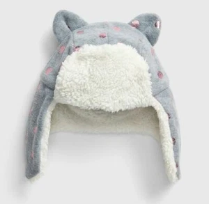 New Baby Gap Gray Fleece Sherpa Metallic Pink Polka Dot Trapper Winter Hat S/M - Picture 1 of 1