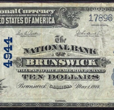 🇺🇸 GA 1902 $10  ♚♚BRUNSWICK, GEORGIA♚♚ PMG VERY FINE 25 - Image 1 of 3