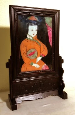 Antique Chinese Reverse Painting on Glass with Stand (2925), Circa mid 1800; - Image 1 of 4