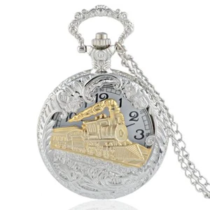 Antique Golden Steam Train Vintage Quartz Retro Pocket Watch Pendant Chain Gift - Picture 1 of 6