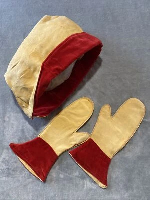 Sombrero y mitones de invierno de gamuza vintage forro de terciopelo rojo para mujer talla S hecho en Francia Foto 1 de 4