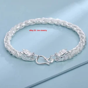 Solid 999 Fine Silver Wheat Link Men's Bracelet 6mm Width Link Dragon Head Clasp - Picture 1 of 8
