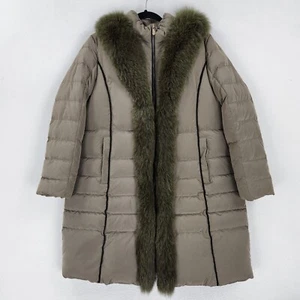 Crocodile Coat Womens Medium Green Down Puffer Parka Fox Fur Trim Rabbit Fur NEW - Picture 1 of 17