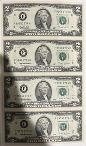 1995 $2 TWO DOLLAR BILLS UNCUT SHEET OF 4 NOTES ATLANTA ALL BILLS END IN 1774 - Picture 1 of 8