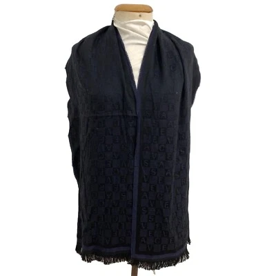 Versace Wool Scarf 68x14 in Black Monogram Logo Fringe Luxury Made in Italy #A1 - Image 1 of 4