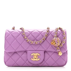 CHANEL Lambskin Quilted CC Pearl Crush Mini Rectangular Flap Bag Purse Purple - Picture 1 of 5