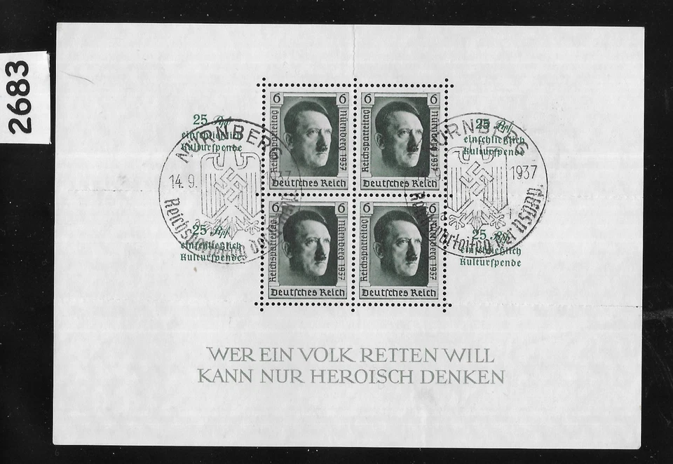 Mini Sheet B106 Adolf Hitler Third Reich Nuremberg Germany cancel  #2683 - Image 1 of 1
