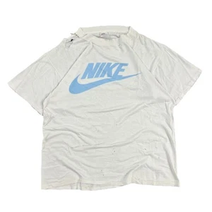 Vintage White Baby Blue Nike Swoosh Check 70s 80s Single Stitch T Shirt Large - Picture 1 of 8